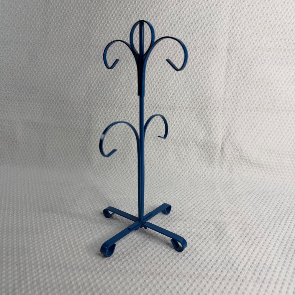 VTG Blue Metal Mug Tree Jewelry Stand 4 Hook Tiered Countertop Organizer 11 inch